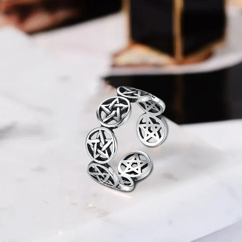 Silberner verstellbarer Pentagramm-Ring, Punk-Stil, für Damen und Herren, trendiger Schmuck.