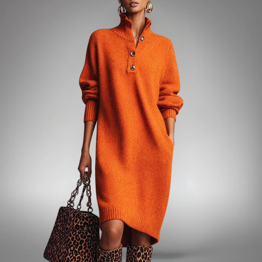 Frau in orangefarbenem Strickkleid mit Knopfleiste, Hand in der Tasche, Leoparden-Handtasche und gemusterten Stiefeln 1