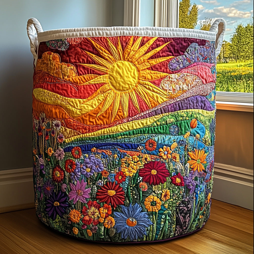 Runder gesteppter Stoffkorb mit zwei weißen Henkeln und bunter Motivwelt aus Sonne, Hügeln und Blumenwiese, freistehend auf Holzboden am Fenster. 1