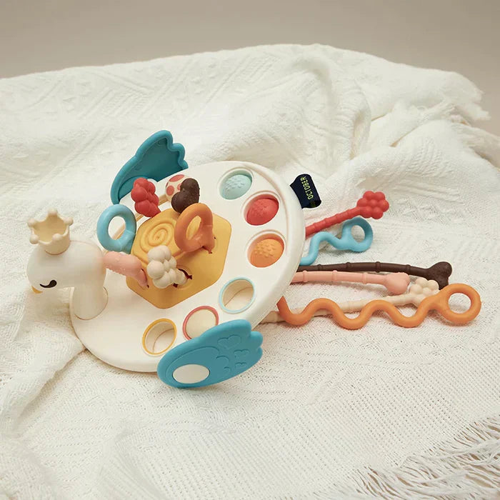 Bunter Silikon-Schwan-Ziehtier für Babys, sensorisches Spielzeug, BPA-frei, motorische Förderung.