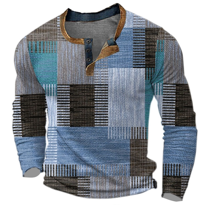 Henley-Shirt in Hellblau, Türkis und Braungrau mit geometrischem Streifenmuster und brauner Kontrastkante am Ausschnitt, Frontansicht. 3