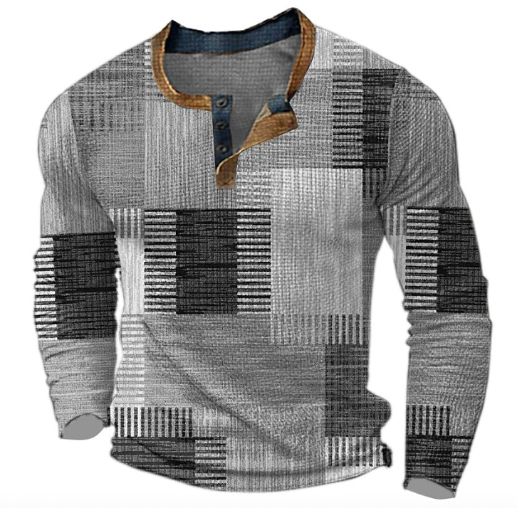Henley-Shirt in Grau- und Schwarztönen mit geometrischem Blockmuster, dunkelblauer Innenkante und brauner Knopfleiste, Frontansicht. 4