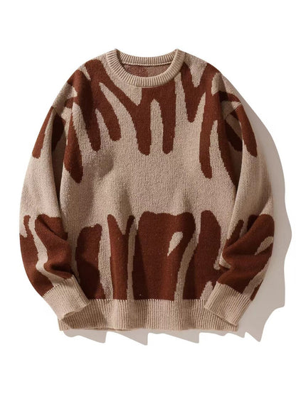 Strickpullover mit abstraktem Muster in Braun auf beigem Grund, Vorderansicht flach liegend 5