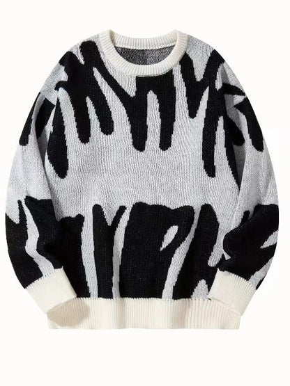 Strickpullover mit abstraktem Muster in Schwarz auf cremeweißem Grund, flach von vorn gezeigt 6