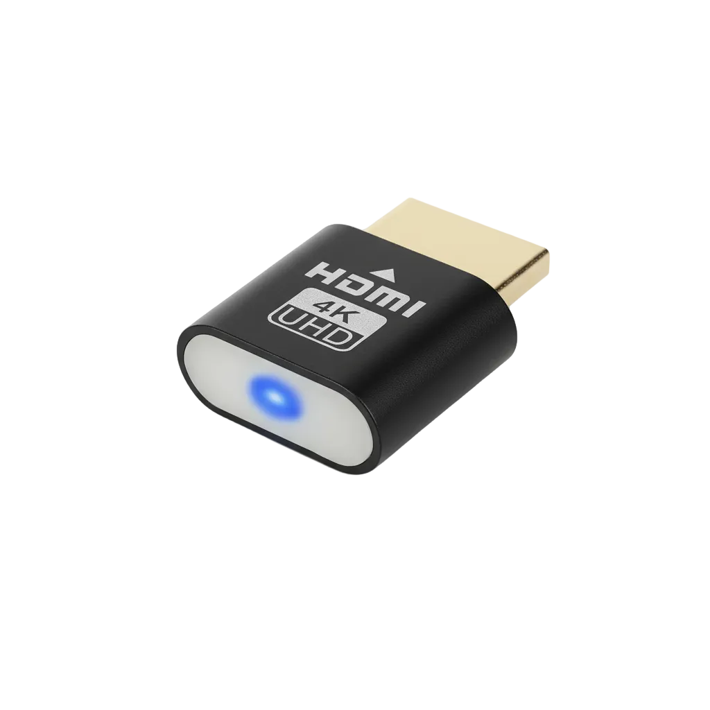 Schwarzer HDMI-Stecker im Aluminiumgehäuse mit vergoldetem Kontakt und leuchtender blauer LED an der Stirnseite, freigestellt auf weißem Hintergrund. 1