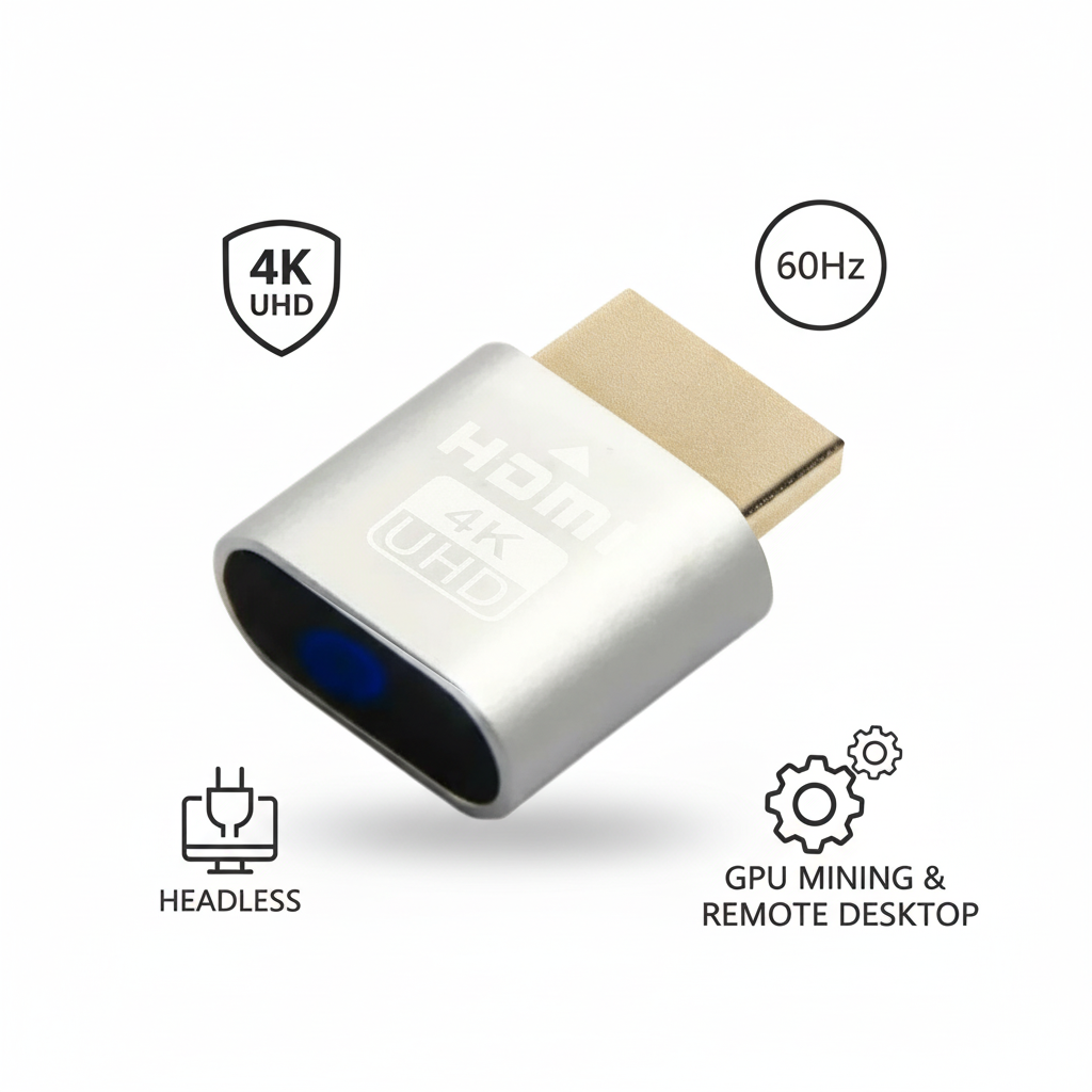 Silberner Stecker mit goldenem Kontakt und blauer LED, umgeben von Symbolen für 4K, 60 Hz, Headless-Betrieb sowie GPU-Mining und Remote-Desktop. 11