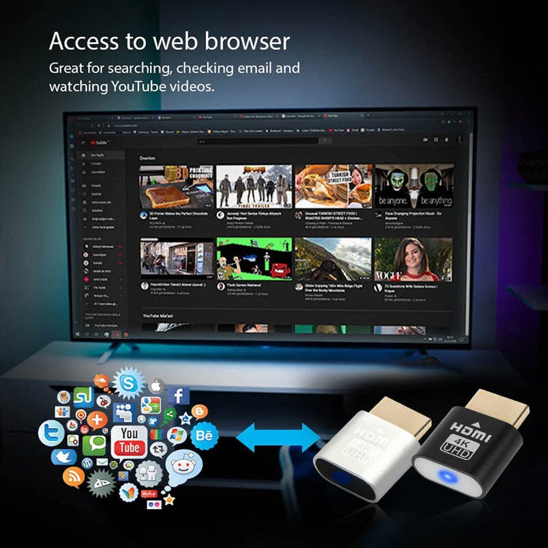 Silberner und schwarzer Stecker vor einem Fernseher mit Videoportal im Browser, darunter eine Wolke bunter App- und Netzwerk-Symbole. 6