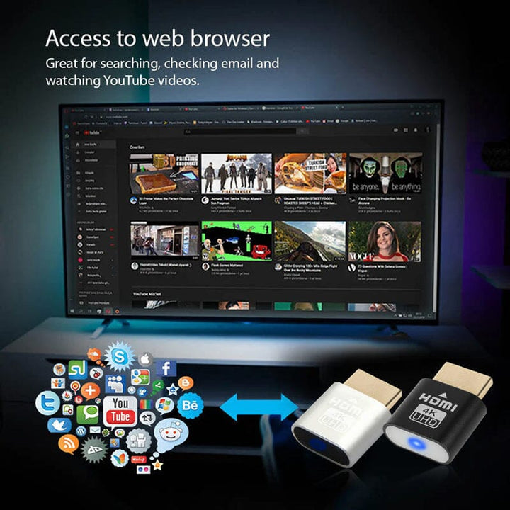 Silberner und schwarzer Stecker vor einem Fernseher mit Videoportal im Browser, darunter eine Wolke bunter App- und Netzwerk-Symbole. 6
