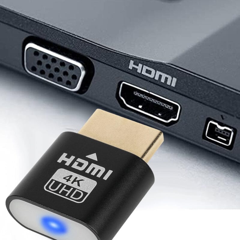 Schwarzer Stecker mit blauer LED kurz vor dem Einstecken in die HDMI-Buchse an der Seite eines Laptops neben VGA-Anschluss. 3