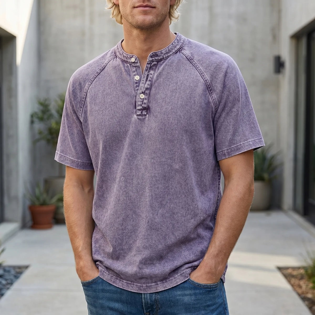 Men's Short-Sleeve Henley | Vintage Washed Button Tee 1