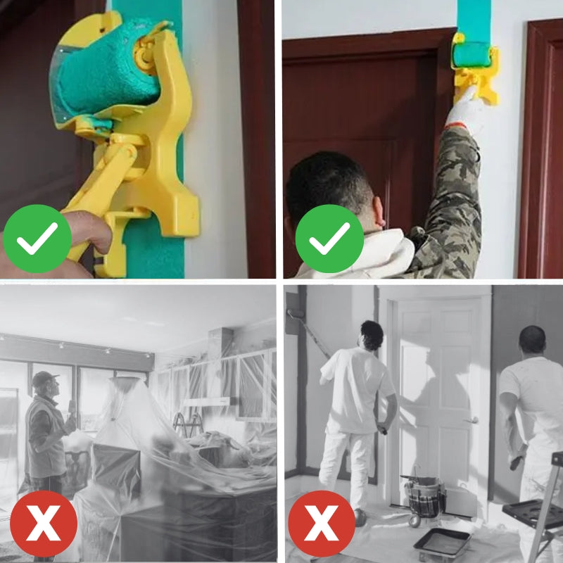 Vierer-Collage: oben zwei richtige Anwendungen an Türrahmen mit grünem Streifen, unten zwei aufwendige Abdeckarbeiten mit Folie als Gegenbeispiel. 5