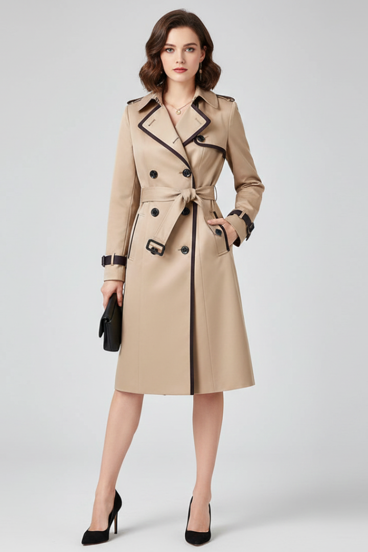Frau trägt den beigen Trenchcoat mit dunklen Paspeln und geknotetem Gürtel, dazu schwarze Pumps und eine kleine Clutch. 2