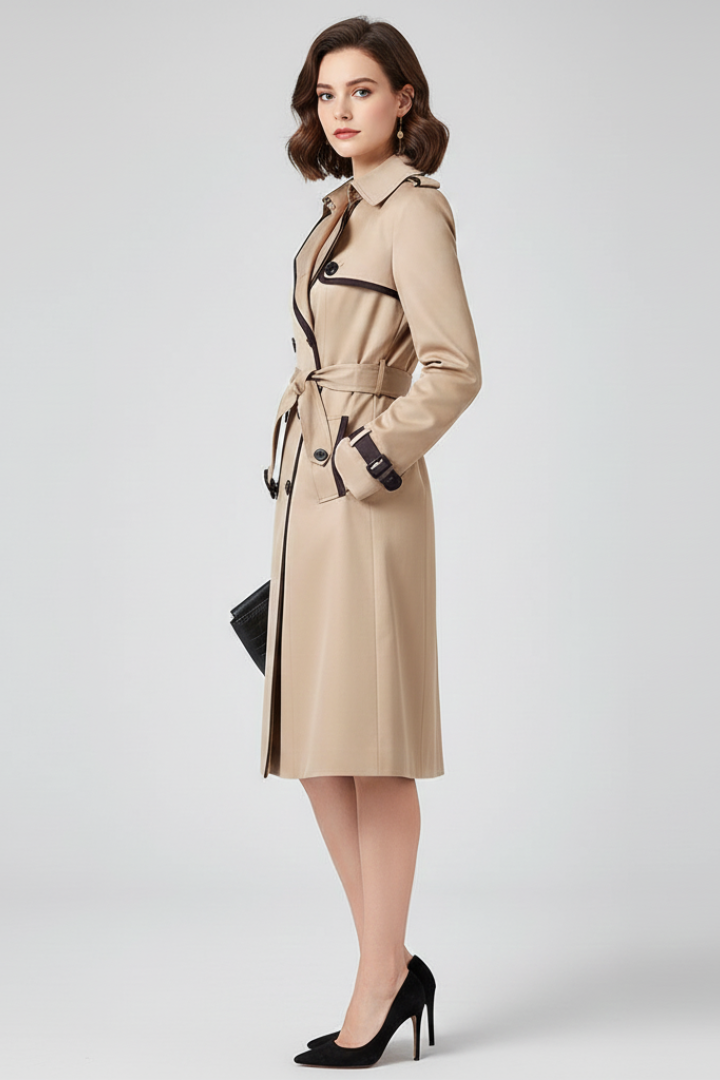 Seitenansicht des beigen Trenchcoats am Model, Schulterpasse, Ärmelriemen und der um die Taille gebundene Gürtel sind gut zu erkennen. 3