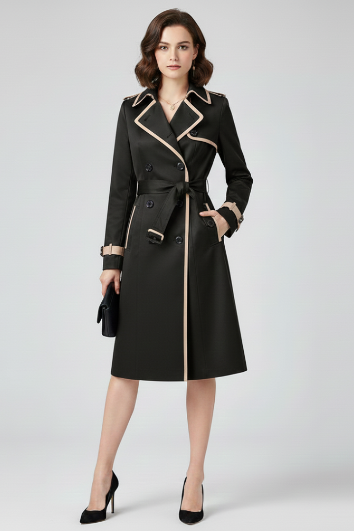 Schwarze Variante des Trenchcoats mit beigen Zierkanten am Kragen und Ärmelriemen, getragen mit Gürtel, Pumps und Clutch. 5