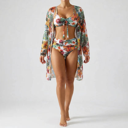 Three-Piece Tropical Floral Bikini Set - Dixie