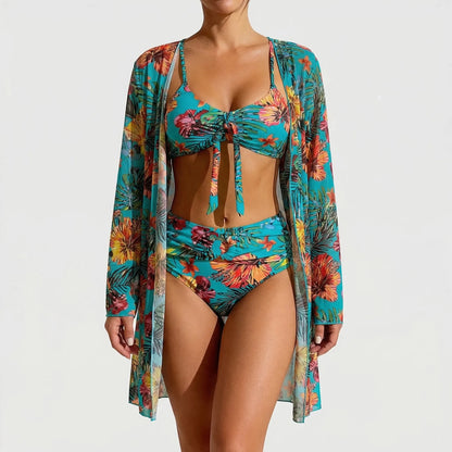 Three-Piece Tropical Floral Bikini Set - Dixie