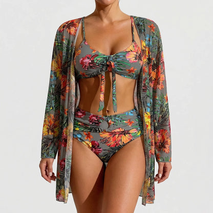 Three-Piece Tropical Floral Bikini Set - Dixie