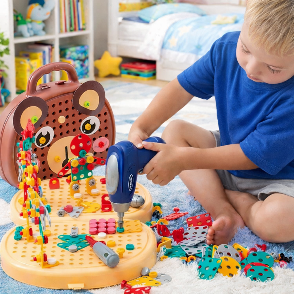 Montessori Building Toolbox Set for Kids with Toy Drill, 204 Pieces 1