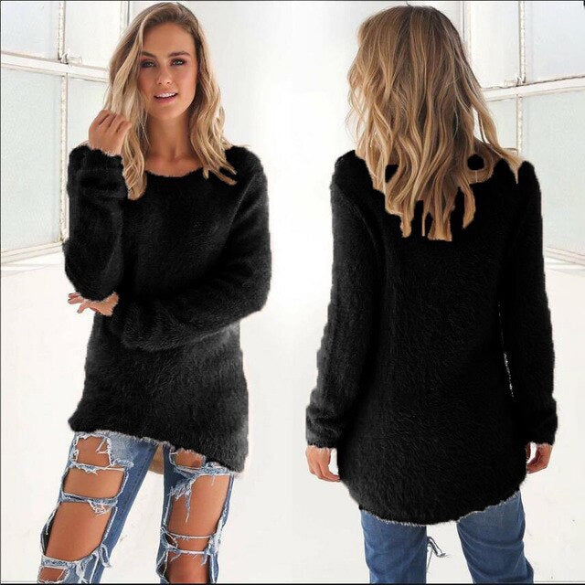 Flauschiger Damenpullover, schwarz, langärmelig, lässig, bequem, modisch, Herbstmode.