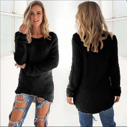 Flauschiger Damenpullover, schwarz, langärmelig, lässig, bequem, modisch, Herbstmode.