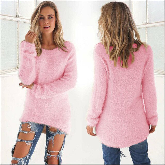 Flauschiger rosa Damenpullover, langärmelig, lässig, bequem, modisch, weiches Material.
