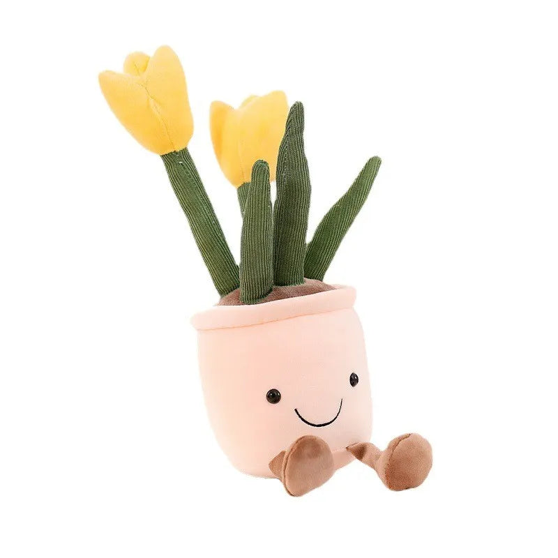 Gelbes Tulpen-Plüschtier im Topf, lächelndes Gesicht, Geschenkidee, Kinderzimmer-Deko.
