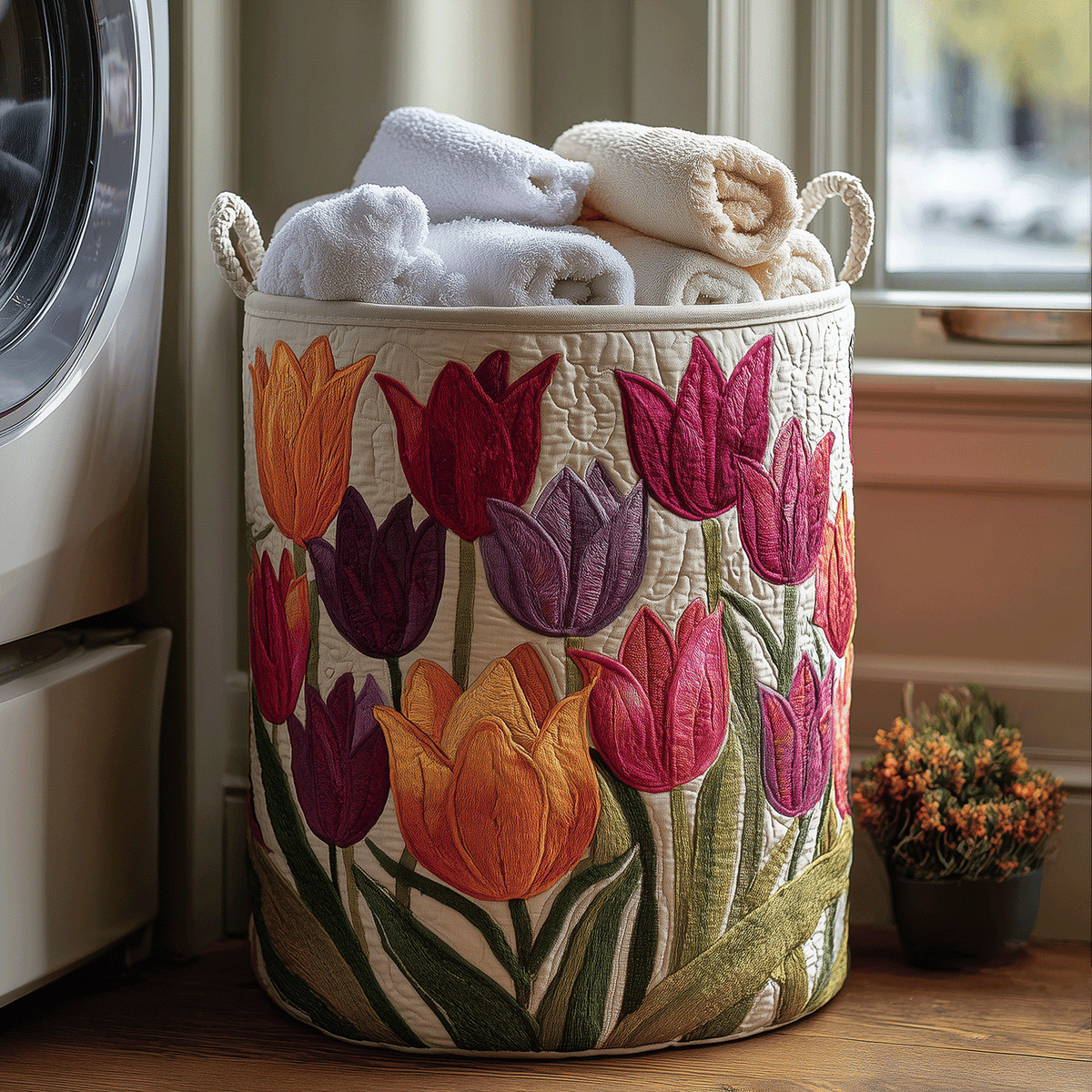 Runder Stoffkorb mit bunten Tulpenmotiven, gefüllt mit gerollten Handtüchern, neben einer Waschmaschine am Fenster 1