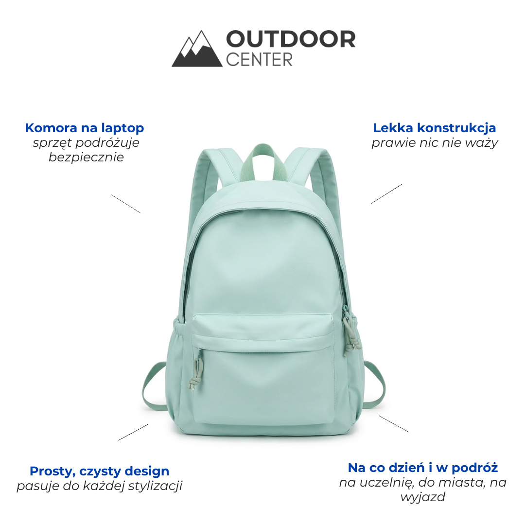 Mintgrüner Rucksack frontal, umgeben von Infotexten zu Laptopfach, leichter Bauweise, schlichtem Design und Einsatz im Alltag oder auf Reisen. 2