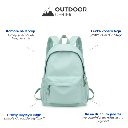 Mintgrüner Rucksack frontal, umgeben von Infotexten zu Laptopfach, leichter Bauweise, schlichtem Design und Einsatz im Alltag oder auf Reisen. 2