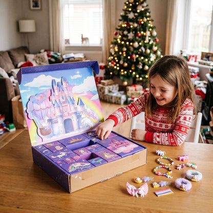 Lachendes Mädchen im Weihnachtspyjama öffnet am Tisch den lila Adventskalender mit Schloss, daneben liegt Schmuck 1