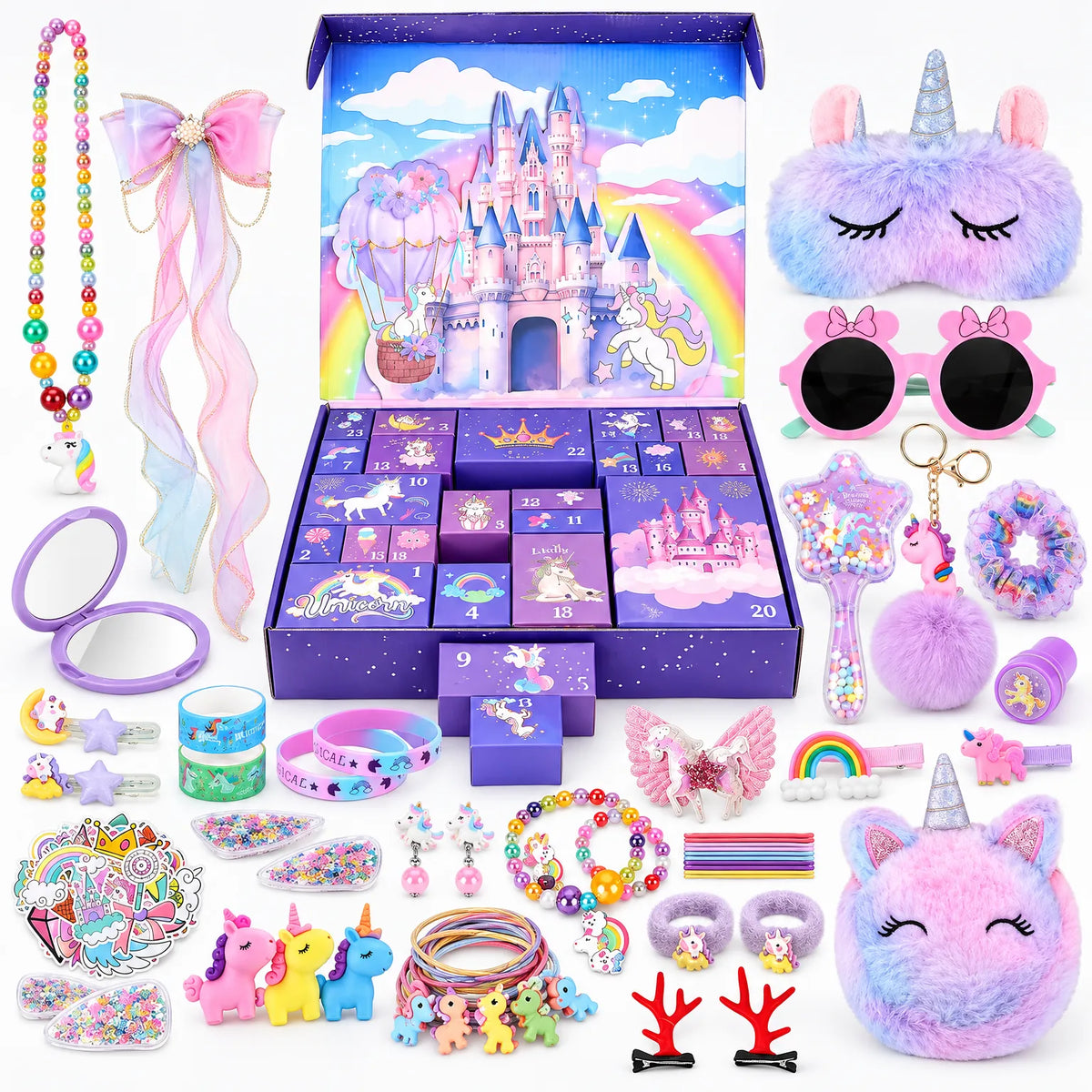 Geöffneter lila Adventskalender mit Schlossmotiv, umgeben von allen Inhalten wie Haarspangen, Armbändern, Schlafmaske und 2