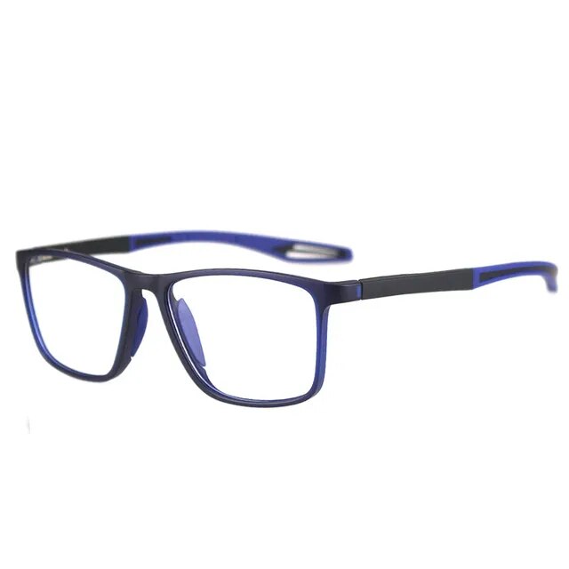 Dunkelblaue Brille mit blauen Bügelenden, Schrägansicht von vorn links auf weißem Hintergrund 10