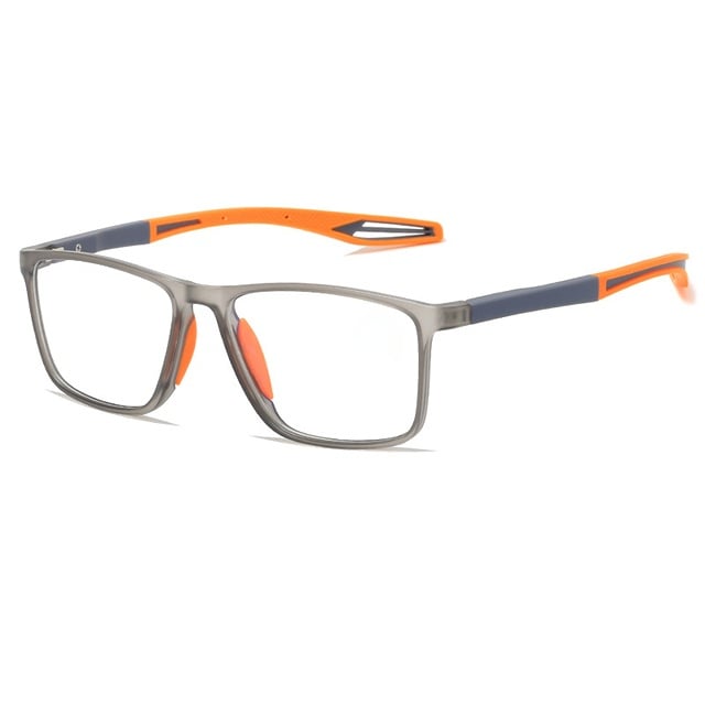 Eckige Brille mit grauem, mattem Rahmen und orangefarbenen Bügelenden, Schrägansicht auf weißem Hintergrund 1