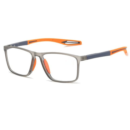 Eckige Brille mit grauem, mattem Rahmen und orangefarbenen Bügelenden, Schrägansicht auf weißem Hintergrund 1