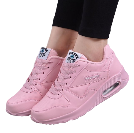 Rosafarbene Schnürschuhe mit Luftpolster-Sohle, getragen zu schwarzer Leggings, vor weißem Hintergrund freigestellt 1
