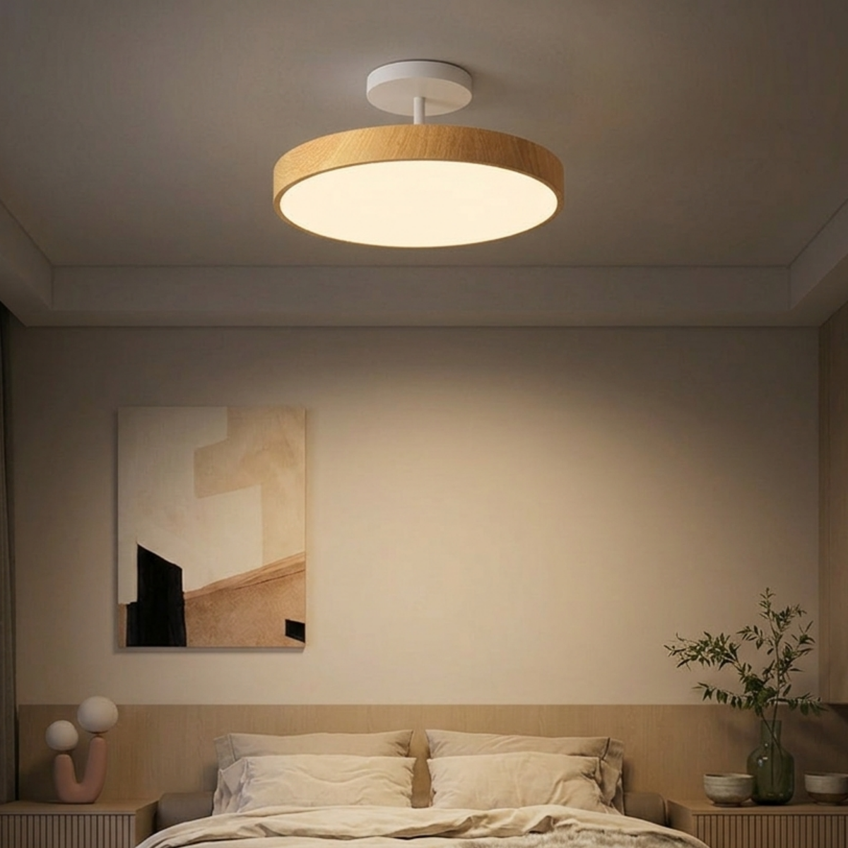 Scandinavian Wood-Look Ceiling Light with Gold-Tone Frame, LED Semi-Flush Mount 7
