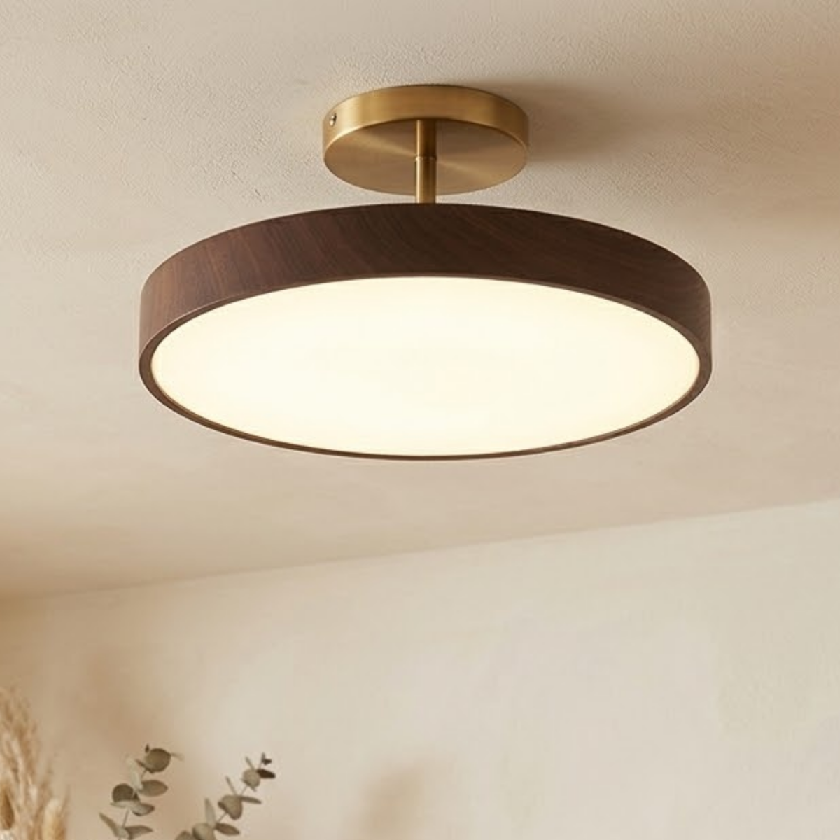 Scandinavian Wood-Look Ceiling Light with Gold-Tone Frame, LED Semi-Flush Mount 1