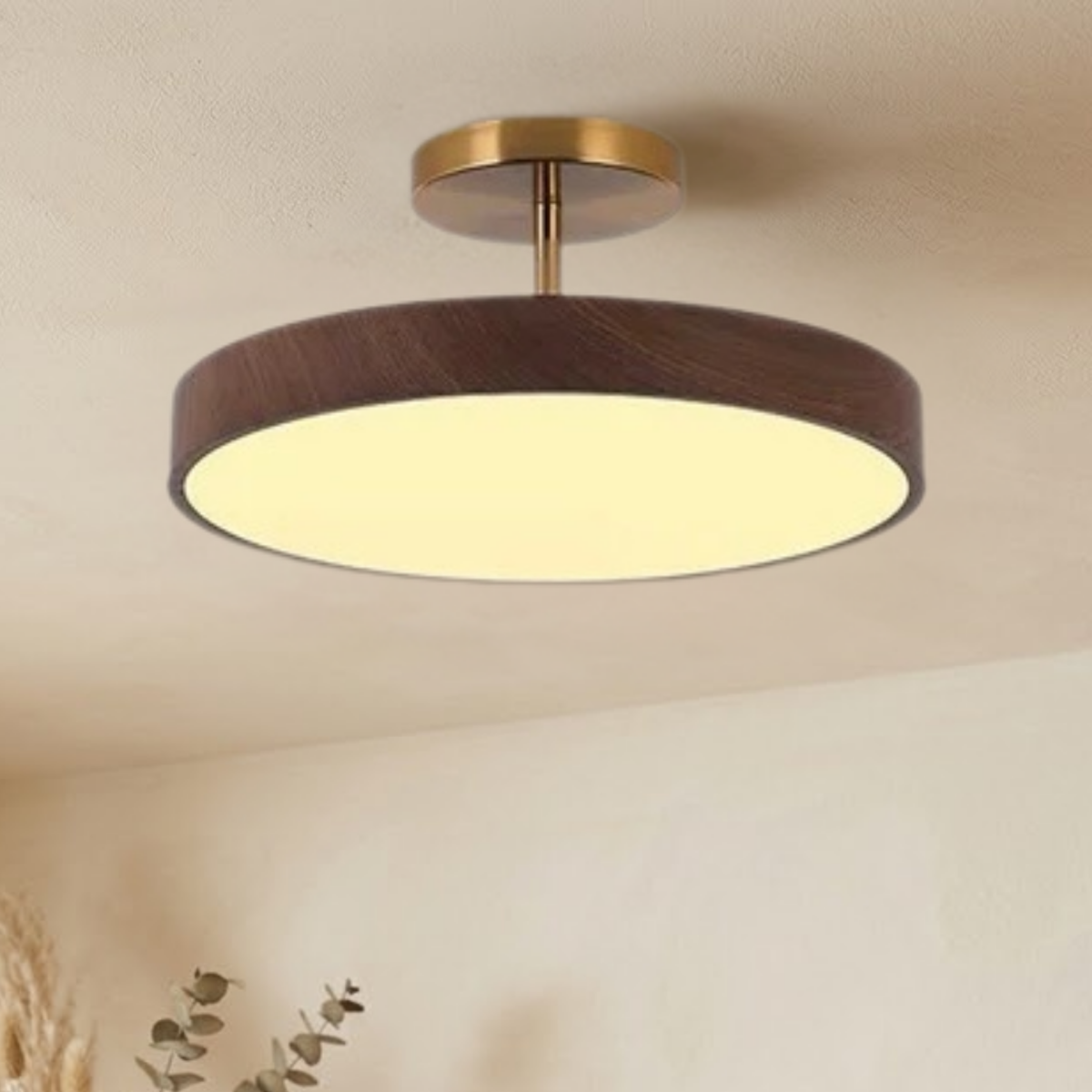 Scandinavian Wood-Look Ceiling Light with Gold-Tone Frame, LED Semi-Flush Mount 3