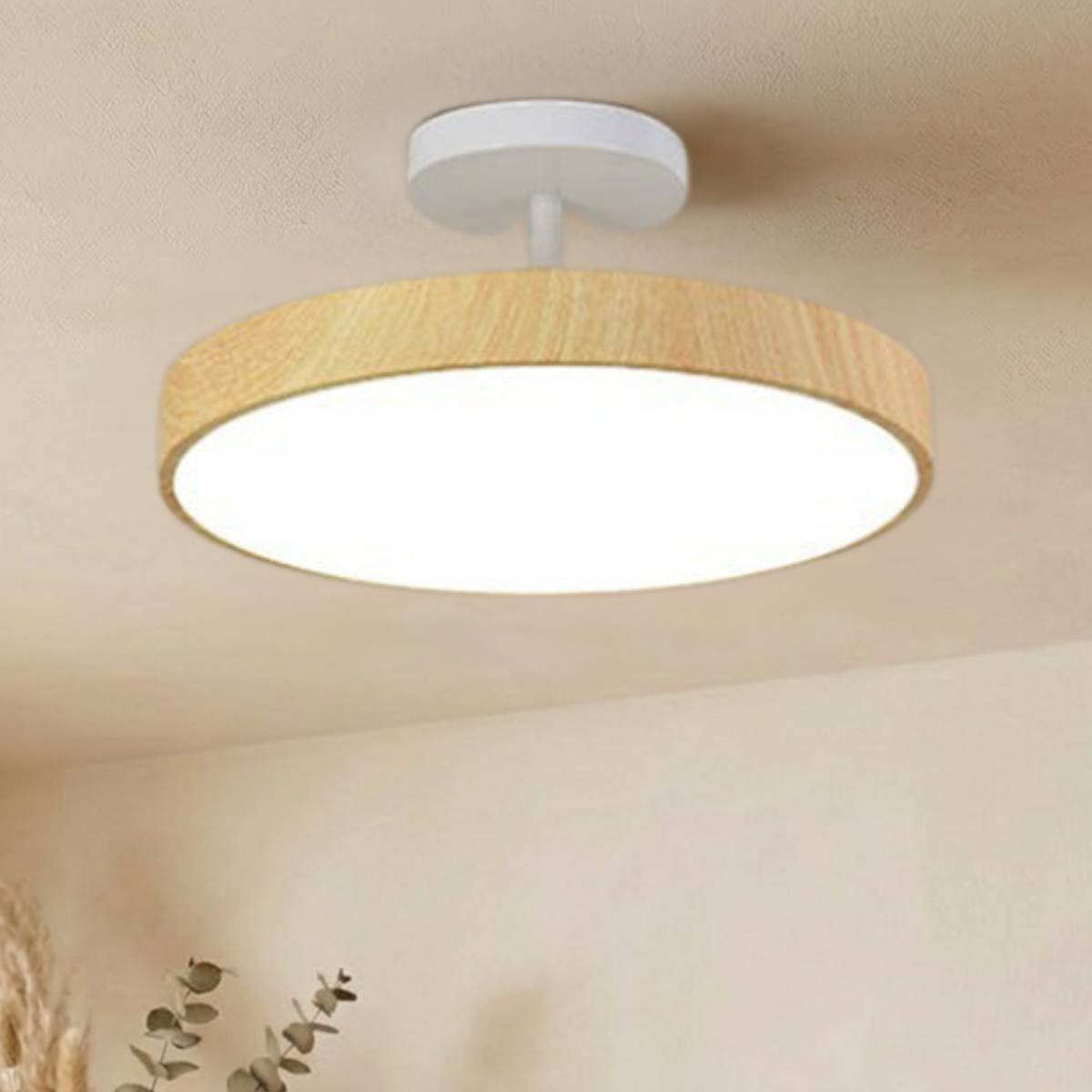 Scandinavian Wood-Look Ceiling Light with Gold-Tone Frame, LED Semi-Flush Mount 4