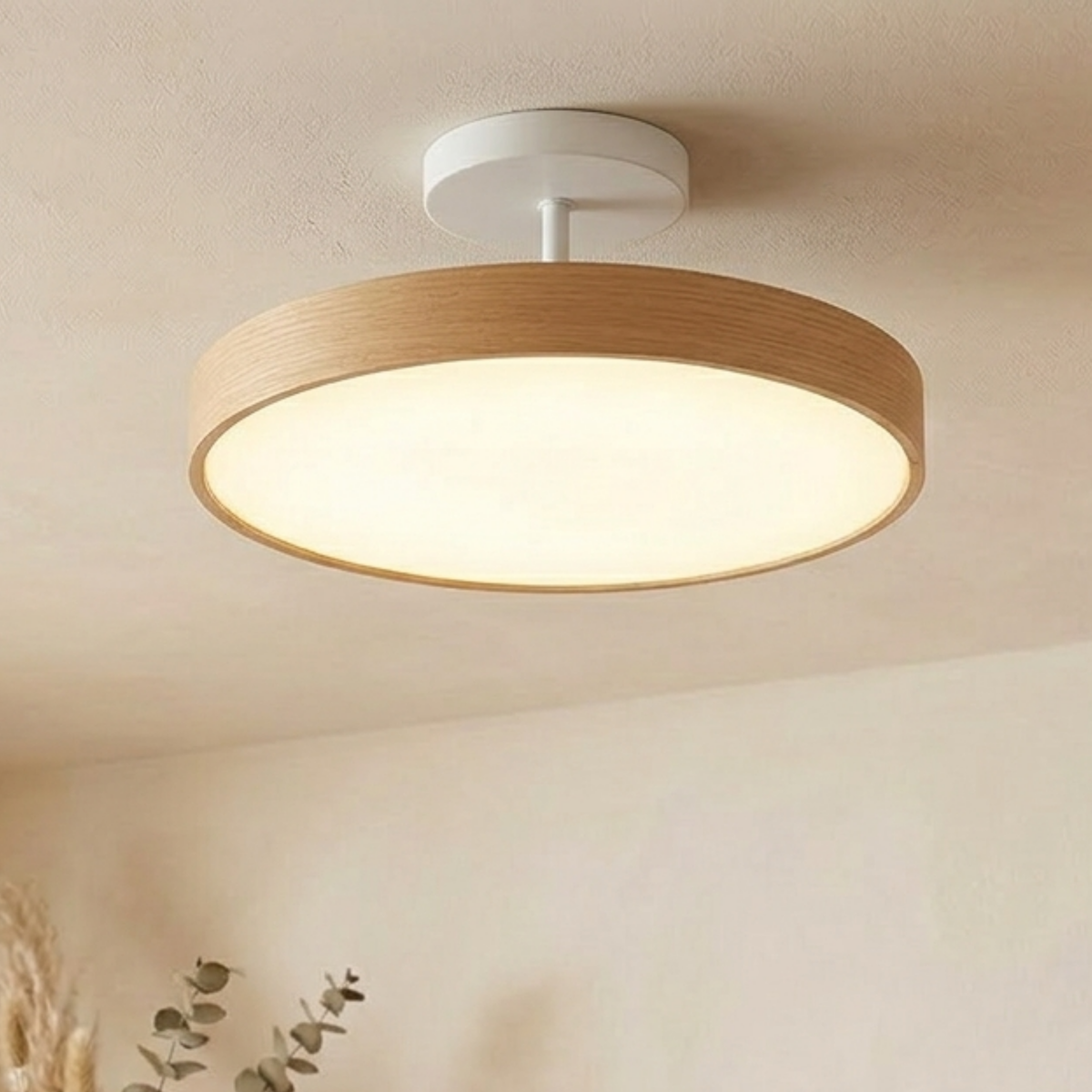 Scandinavian Wood-Look Ceiling Light with Gold-Tone Frame, LED Semi-Flush Mount 5