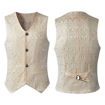 Beige Herrenweste aus Spitze, ärmellos, mit Knöpfen, elegantes Design, für formelle Anlässe.