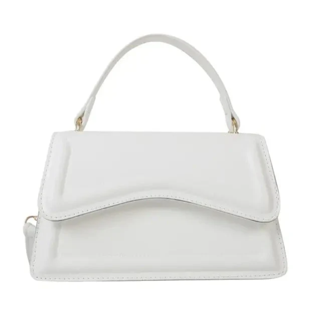 Weiße Lederhandtasche mit Henkel, elegantes Design, Damenmode Accessoire, stilvoll und modern.