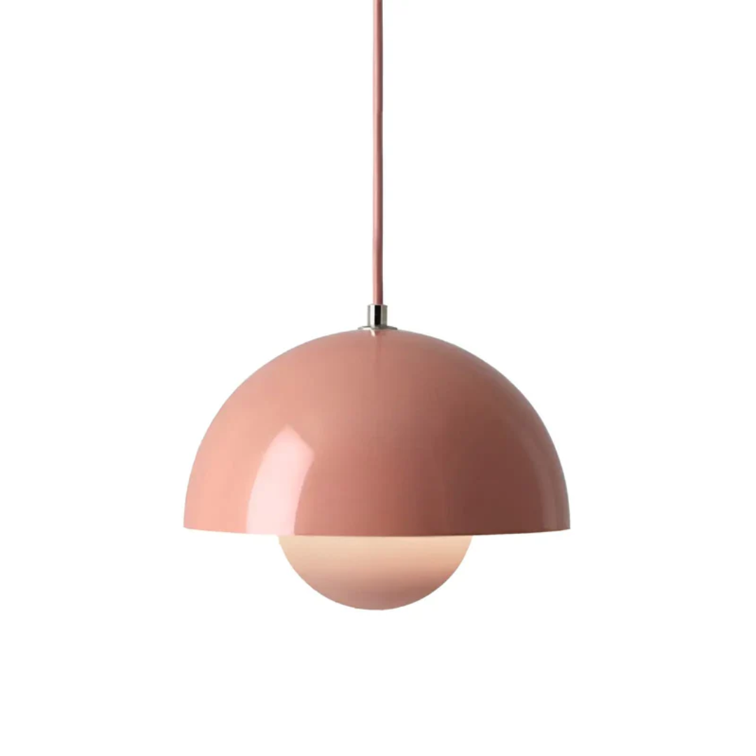 Rosa Pendelleuchte, runder Metallschirm, modernes Design, Innenbeleuchtung, skandinavisch.