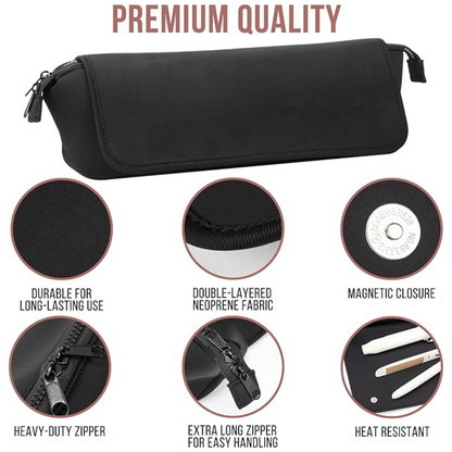Schwarzes Neopren-Etui mit Magnetverschluss, langlebig, hitzebeständig, Reißverschluss.