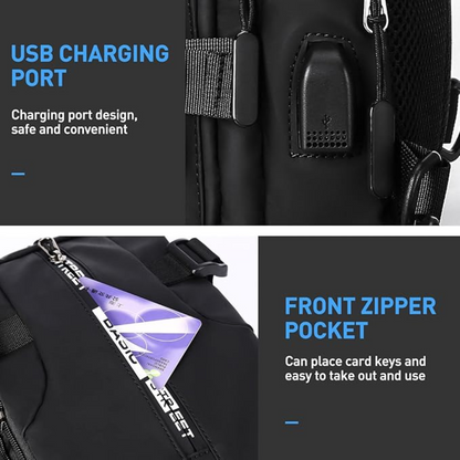 Schwarzer Rucksack mit USB-Ladeanschluss und Front-Reißverschlusstasche, praktisch und sicher.