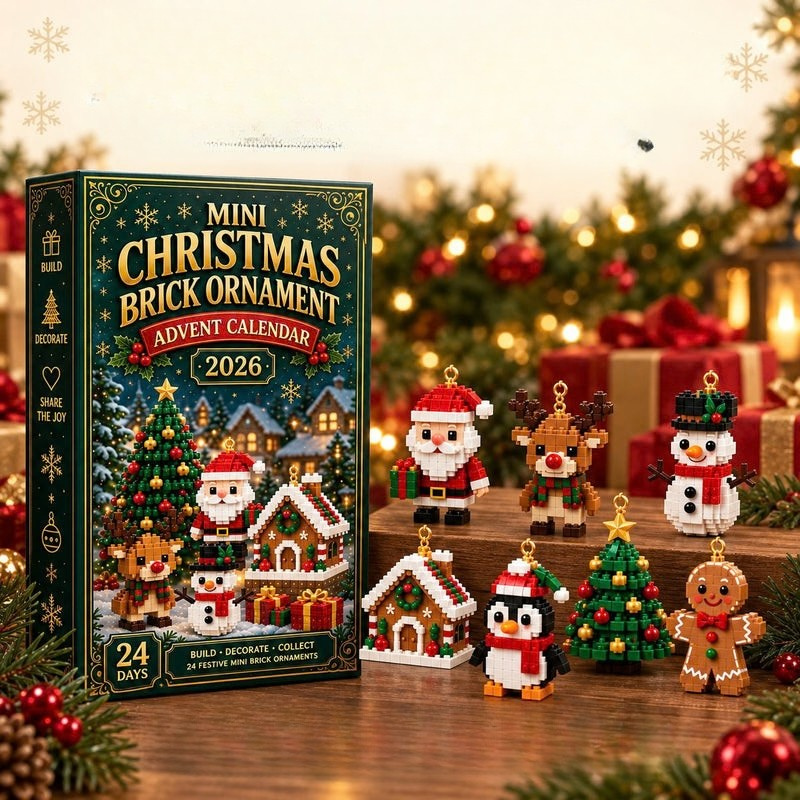 Schachtel neben einer Gruppe von sechs gebauten Figuren auf einer Holzstufe, im Hintergrund festliche Kugeln und rote Geschenke. 9