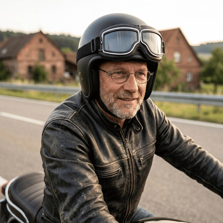 Älterer Motorradfahrer mit Brille und schwarzem Halbschalenhelm trägt die Fliegerbrille an der Stirn, im Hintergrund Landstraße und Backsteinhäuser. 1