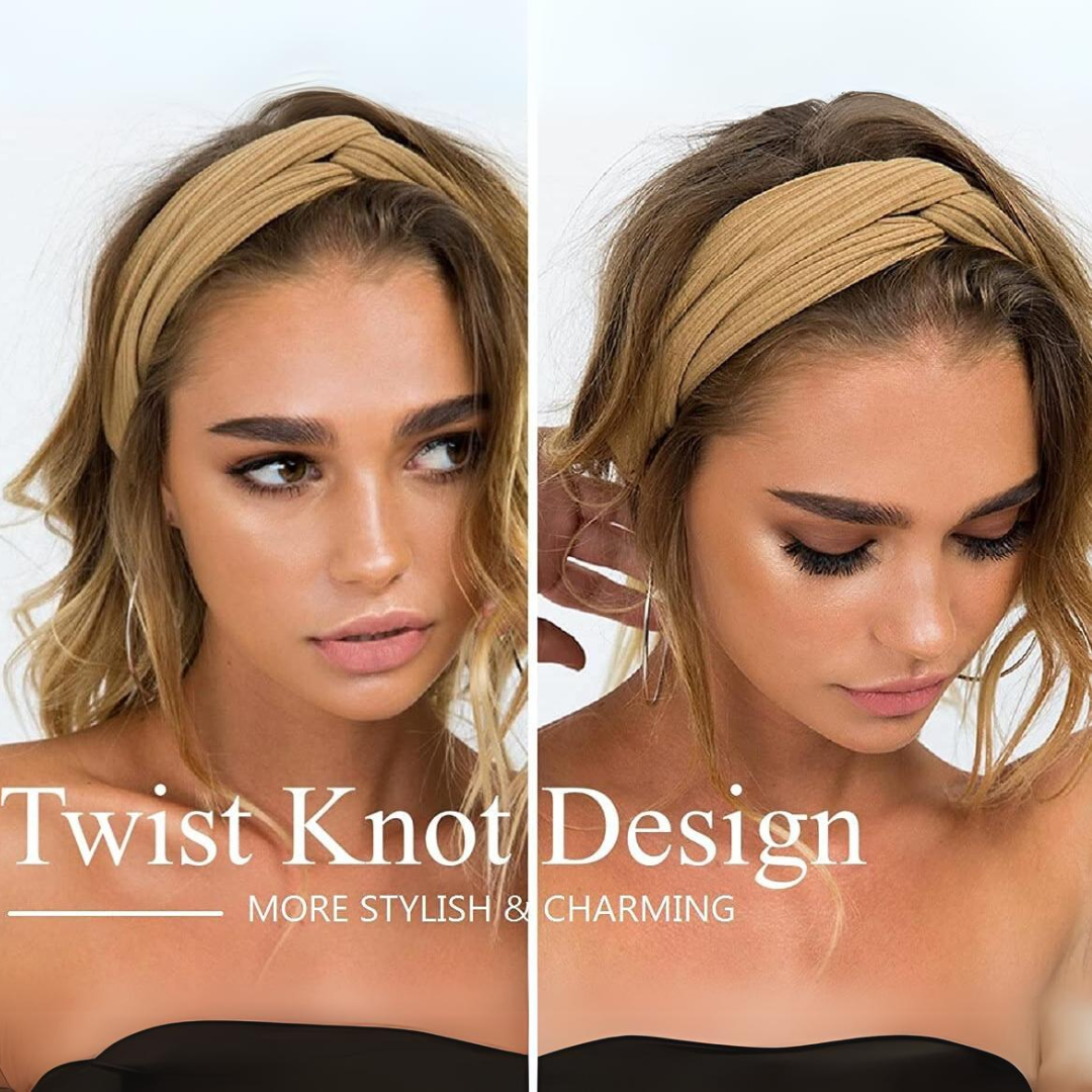 Frau mit beigem Twist-Knoten-Stirnband, modisches Accessoire für Damenfrisuren.