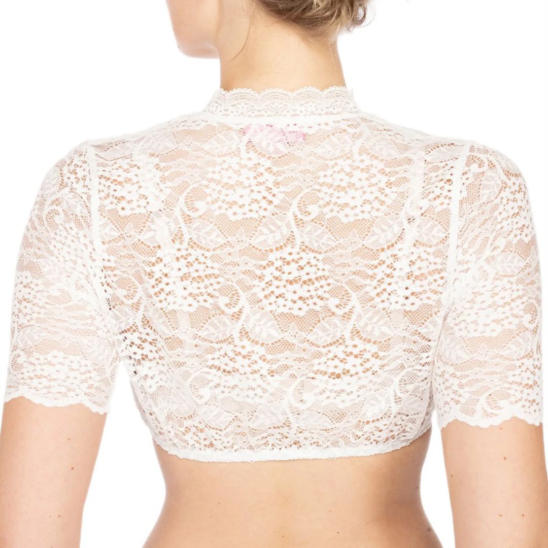 Damen Spitzenbluse, weiß, kurzärmelig, elegantes Design, ideal für festliche Anlässe.
