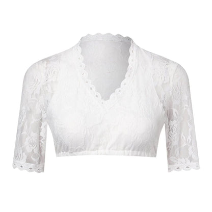 Weiße Spitzenbluse Damen, Halbarm, V-Ausschnitt, elegant, modisch, Sommermode, Spitzenmuster
